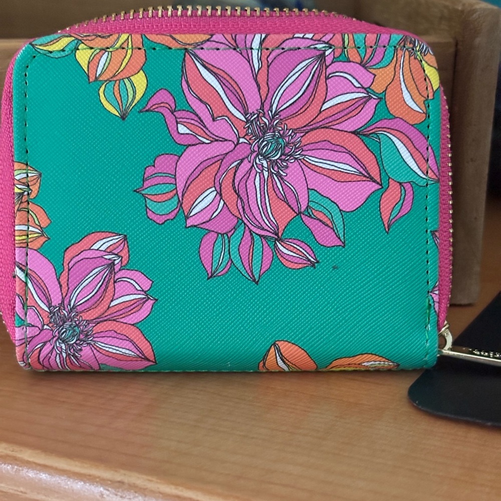 Trina Turk Teal Floral Zip Wallet with Pink and Orange Accents